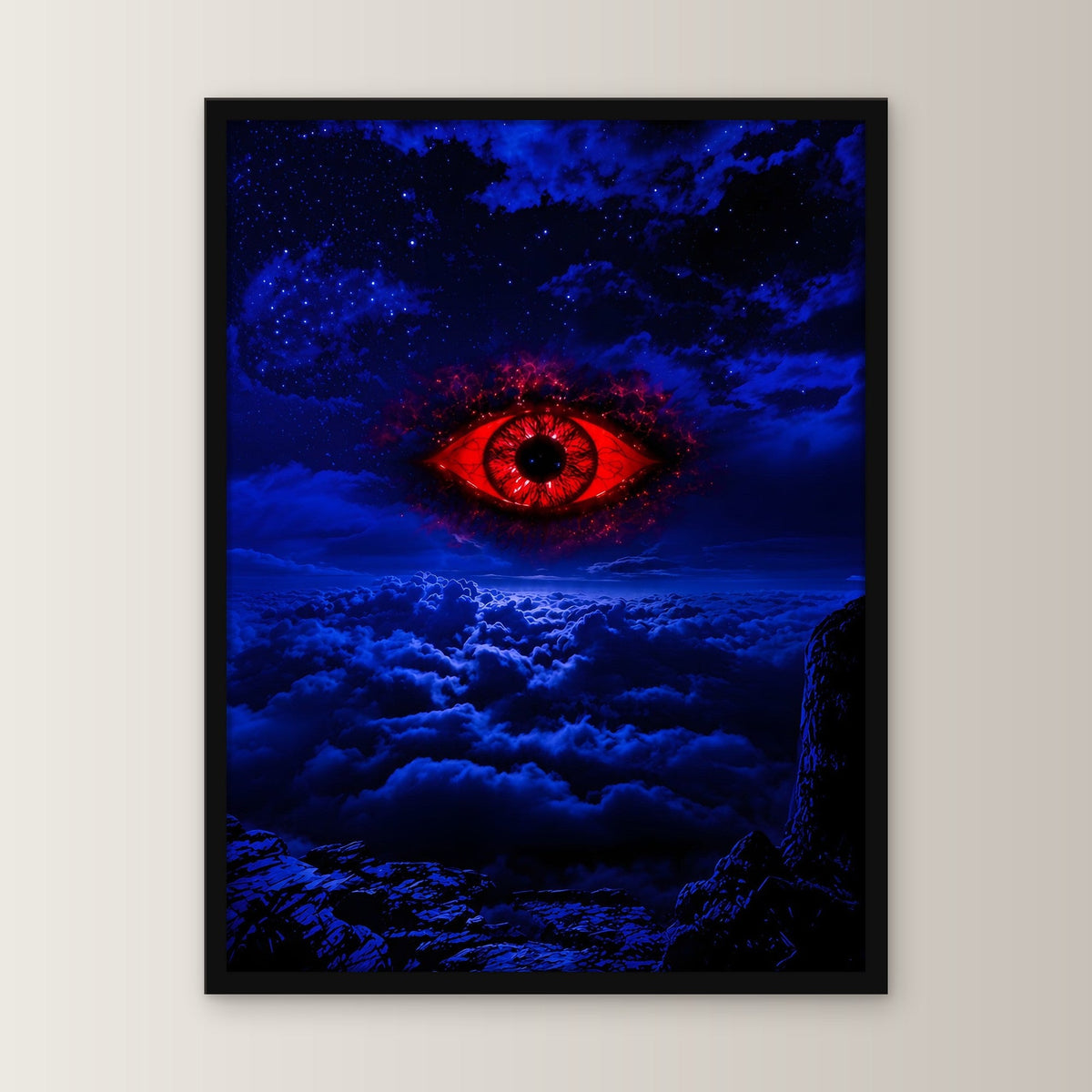 Dark-Fantasy Poster gerahmt im schwarzen Holzrahmen, gerade von vorn an heller Wand
