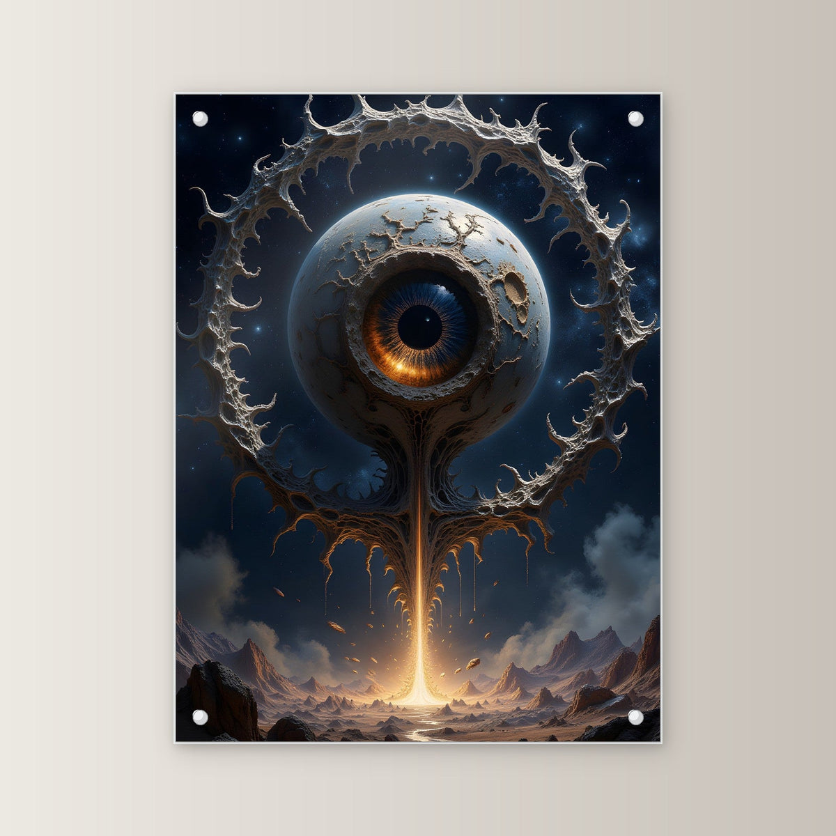 Riesiges Auge auf Lichtstrahl über der Wüste, Surreales Acrylglasbild auf Acrylglas mit Edelstahl-Abstandshaltern, gerade von vorn an heller Wand