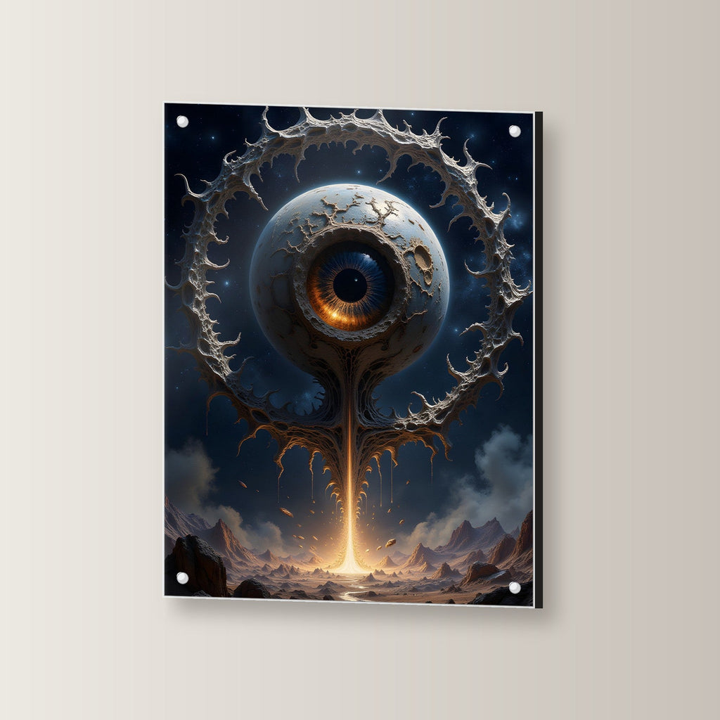 Riesiges Auge auf Lichtstrahl über der Wüste, Surreales Acrylglasbild auf Acrylglas mit Edelstahl-Abstandshaltern, leicht gedreht an der Wand fotografiert