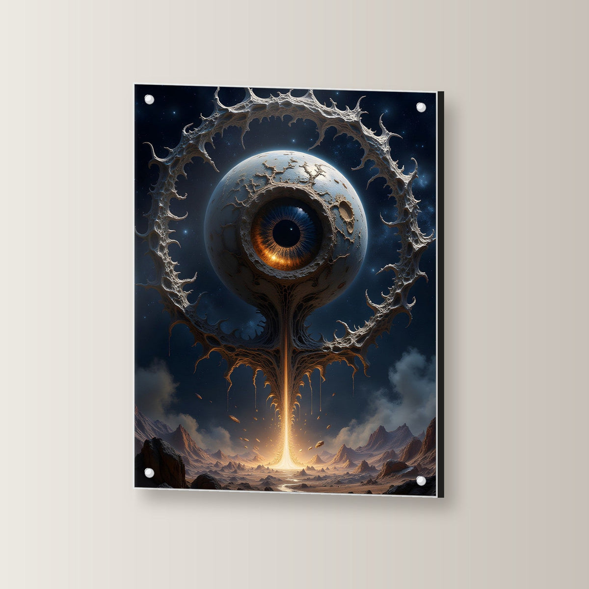 Riesiges Auge auf Lichtstrahl über der Wüste, Surreales Acrylglasbild auf Acrylglas mit Edelstahl-Abstandshaltern, leicht gedreht an der Wand fotografiert