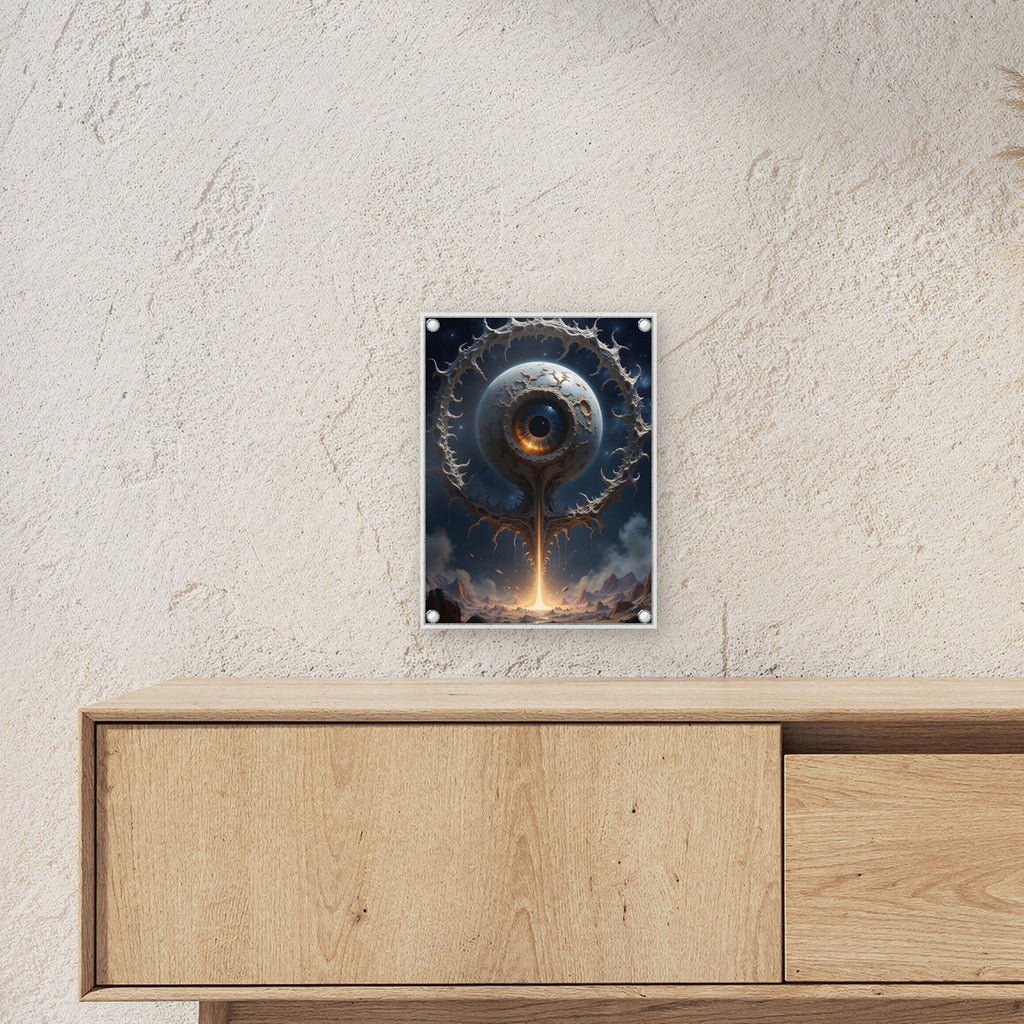 Riesiges Auge auf Lichtstrahl über der Wüste, Surreales Acrylglasbild auf Acrylglas mit Edelstahl-Abstandshaltern ueber einem Sideboard, zeigt die Groesse im Raum