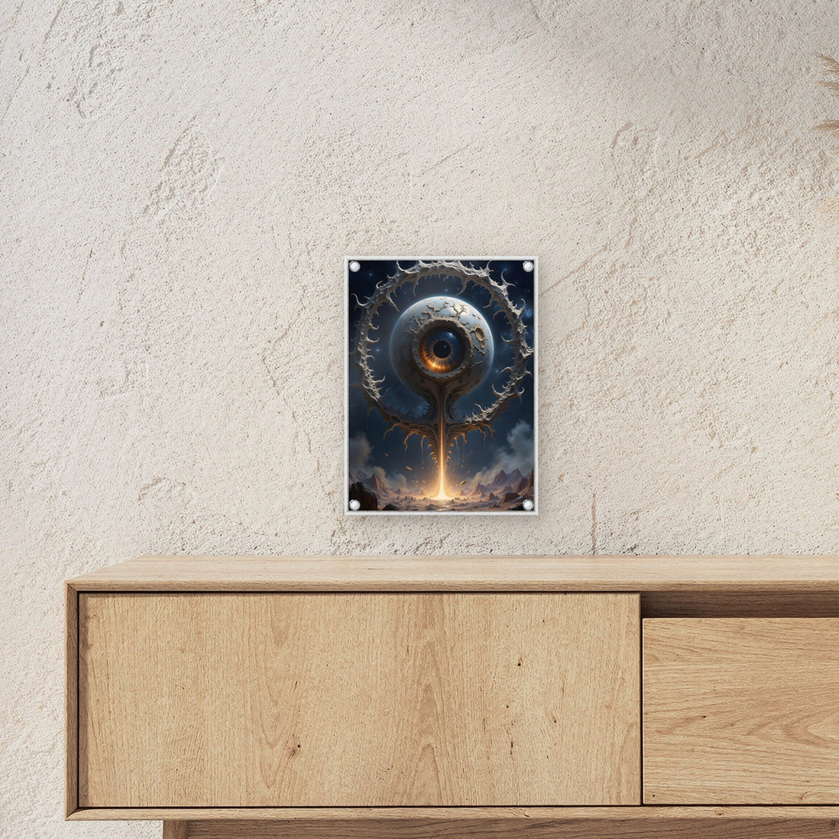 Riesiges Auge auf Lichtstrahl über der Wüste, Surreales Acrylglasbild auf Acrylglas mit Edelstahl-Abstandshaltern ueber einem Sideboard, zeigt die Groesse im Raum