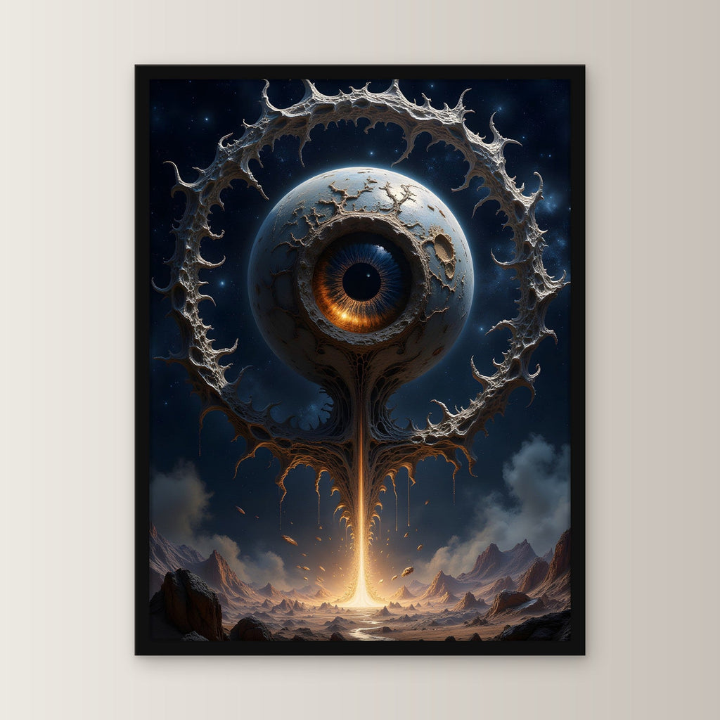 Riesiges Auge auf Lichtstrahl über der Wüste, Surreales Wandbild gerahmt im schwarzen Holzrahmen, gerade von vorn an heller Wand