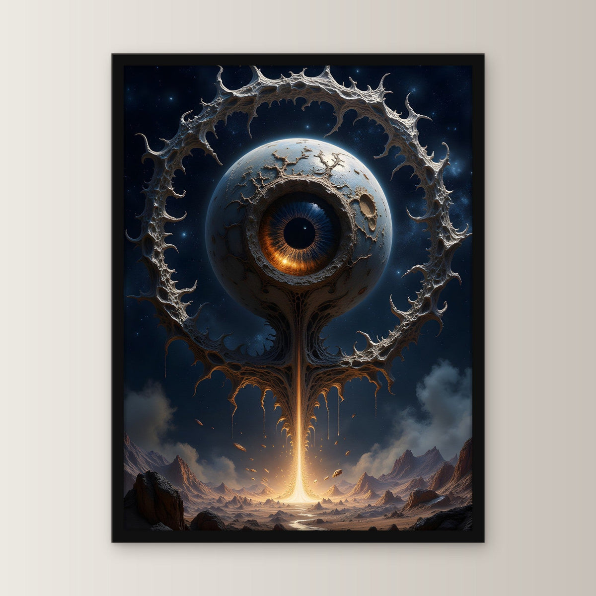 Riesiges Auge auf Lichtstrahl über der Wüste, Surreales Wandbild gerahmt im schwarzen Holzrahmen, gerade von vorn an heller Wand