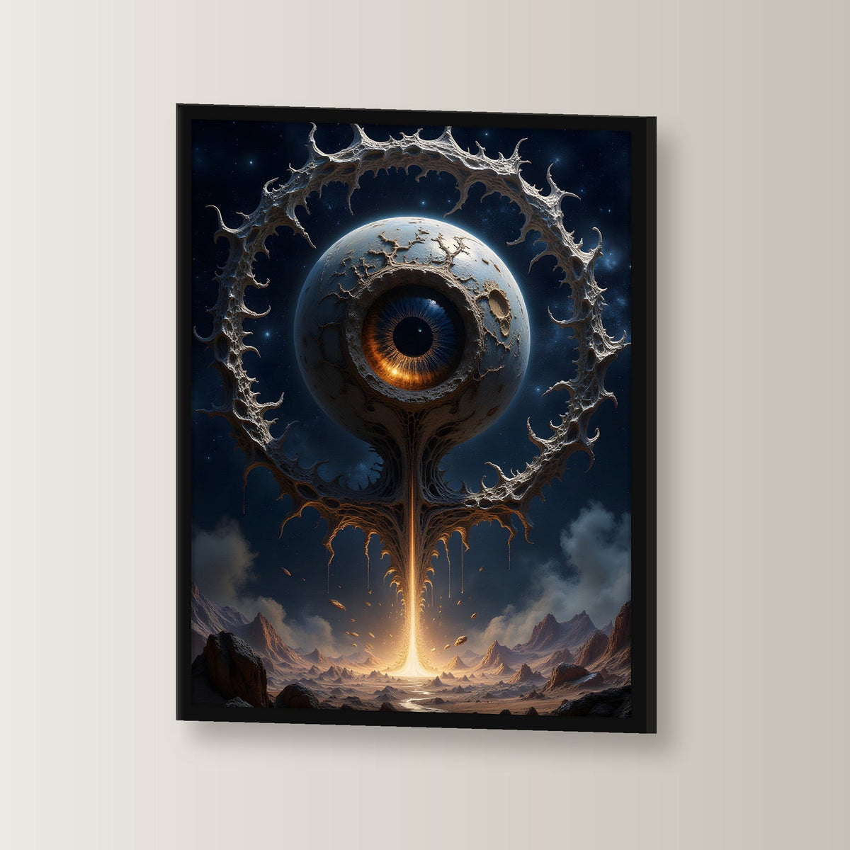 Riesiges Auge auf Lichtstrahl über der Wüste, Surreales Wandbild gerahmt im schwarzen Holzrahmen, leicht gedreht an der Wand fotografiert