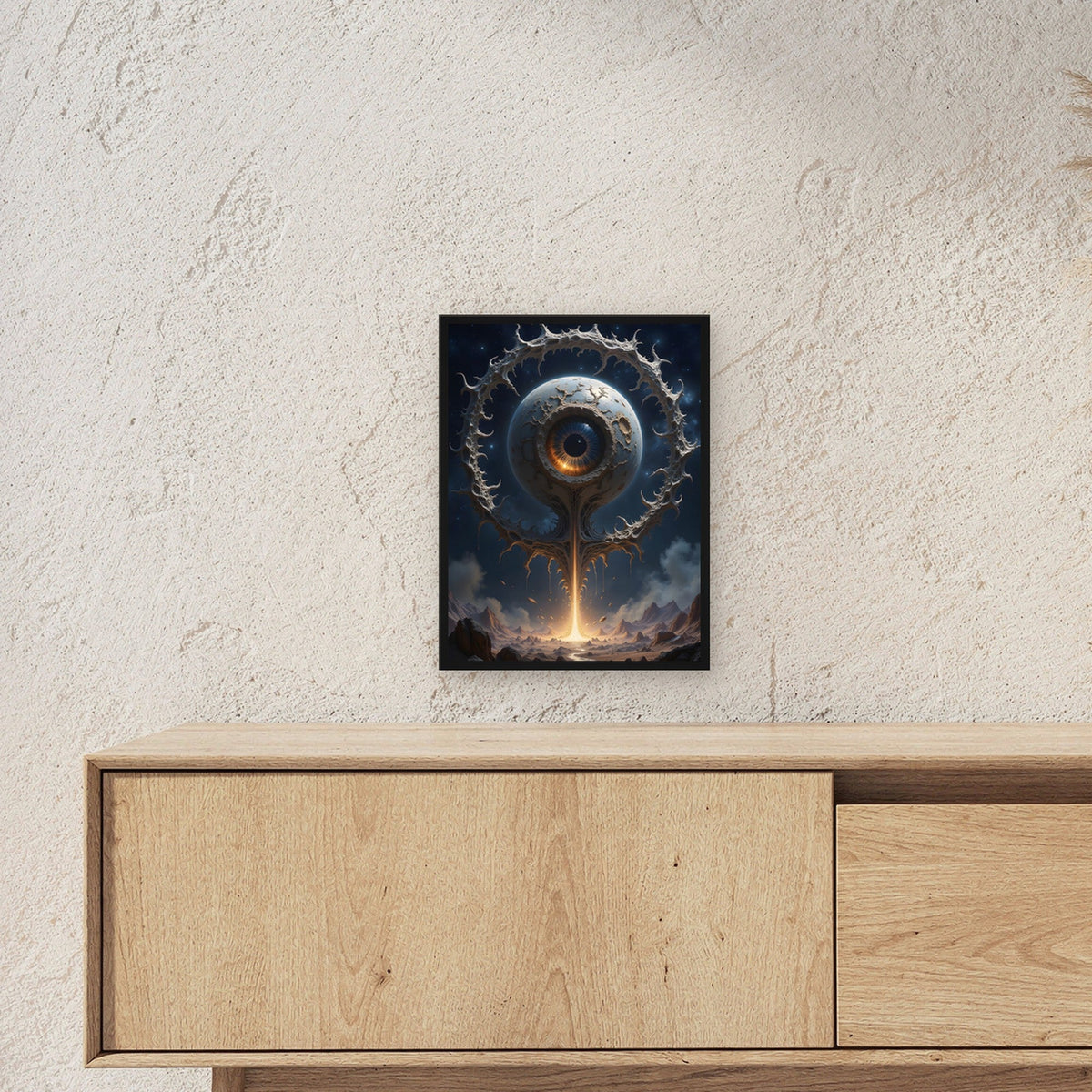 Riesiges Auge auf Lichtstrahl über der Wüste, Surreales Wandbild gerahmt im schwarzen Holzrahmen ueber einem Sideboard, zeigt die Groesse im Raum