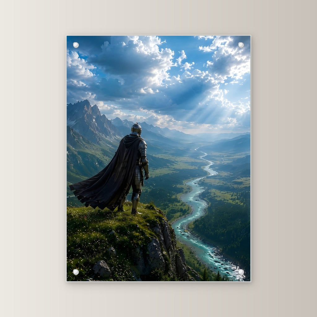 Ritter auf der Klippe über dem Flusstal, Mittelalter Fantasy Acrylglasbild auf Acrylglas mit Edelstahl-Abstandshaltern, gerade von vorn an heller Wand