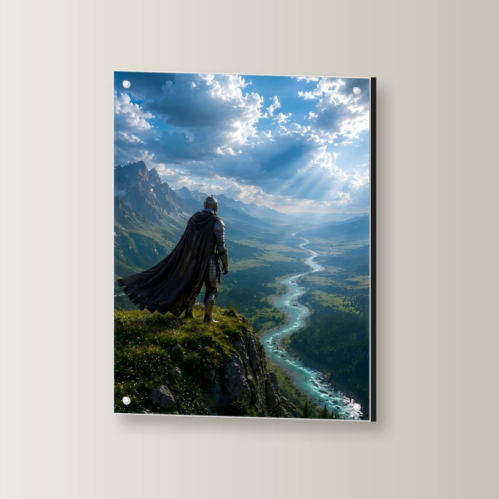 Ritter auf der Klippe über dem Flusstal, Mittelalter Fantasy Acrylglasbild auf Acrylglas mit Edelstahl-Abstandshaltern, leicht gedreht an der Wand fotografiert
