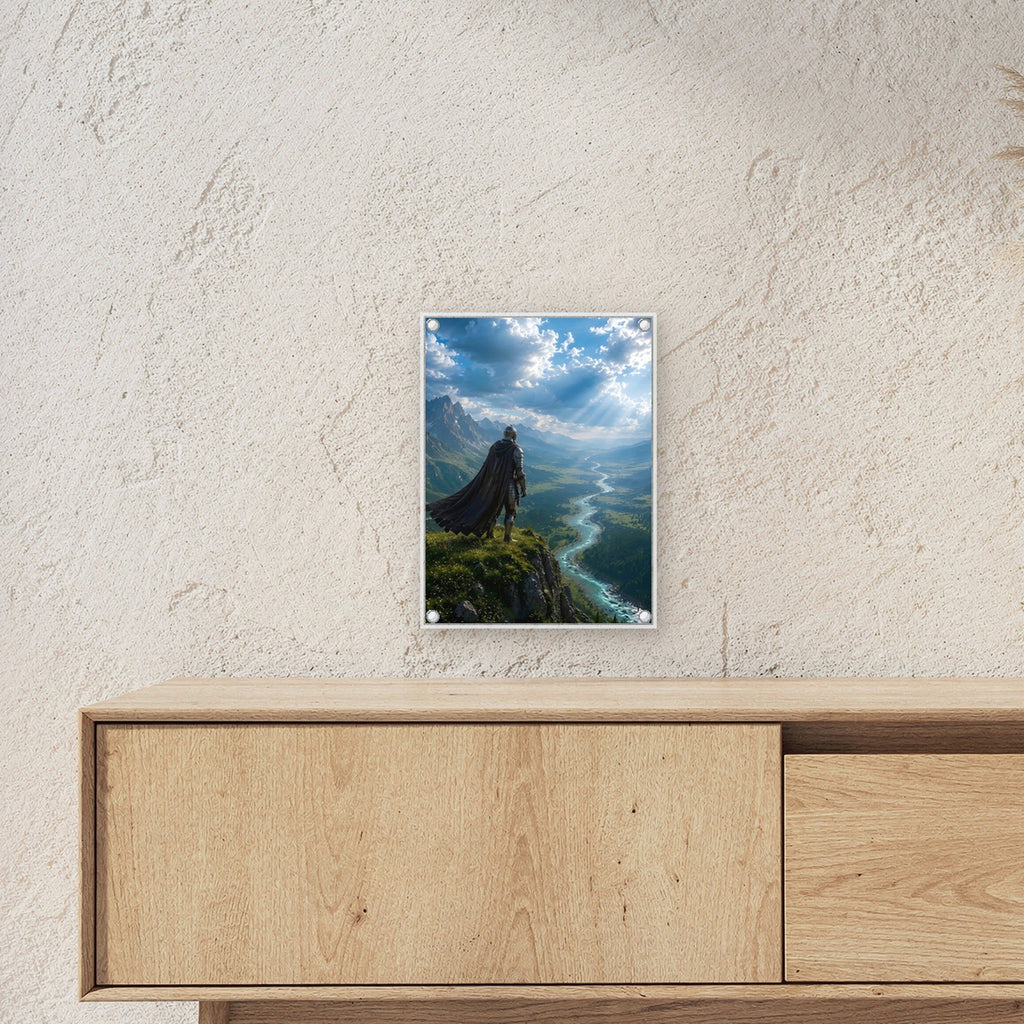 Ritter auf der Klippe über dem Flusstal, Mittelalter Fantasy Acrylglasbild auf Acrylglas mit Edelstahl-Abstandshaltern ueber einem Sideboard, zeigt die Groesse im Raum