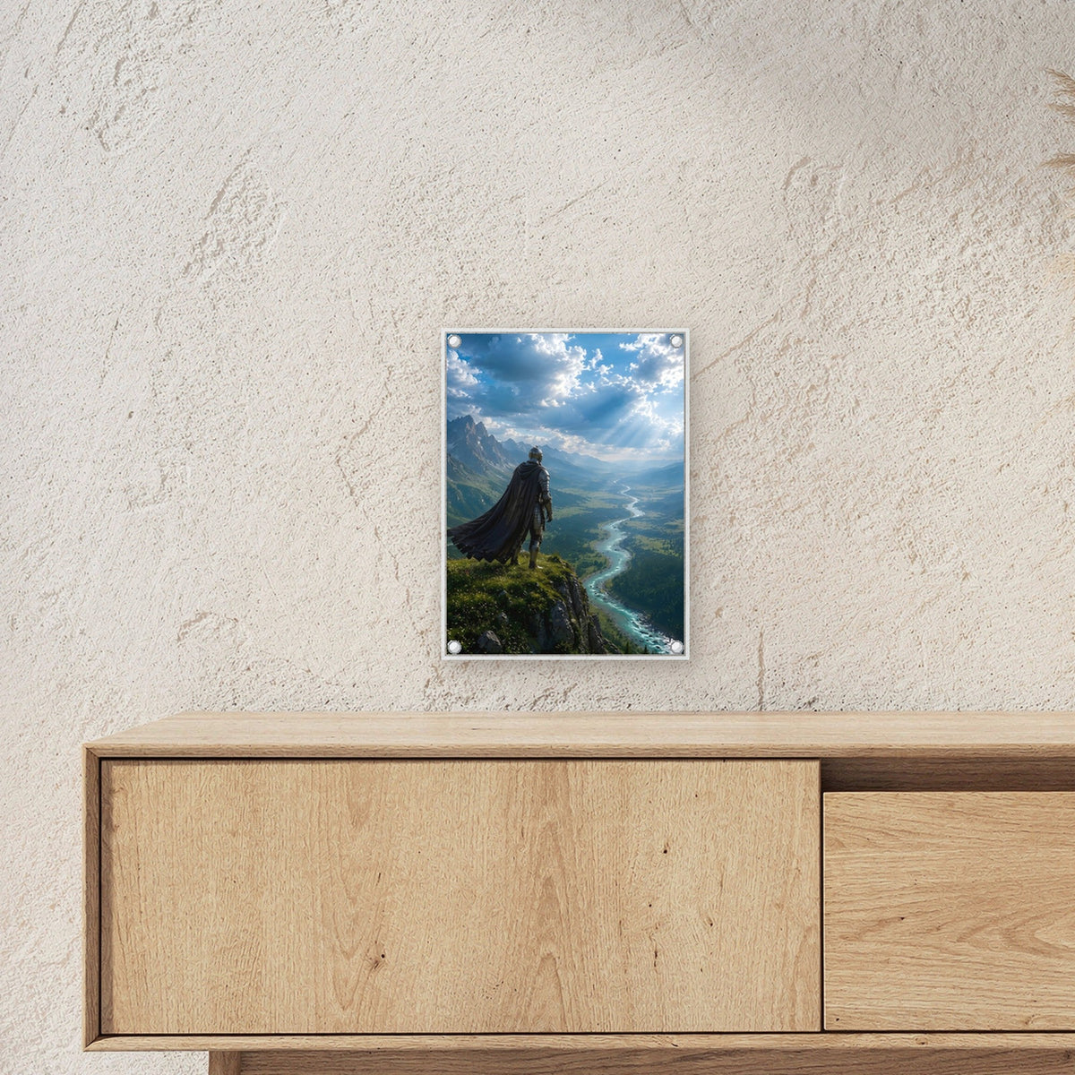Ritter auf der Klippe über dem Flusstal, Mittelalter Fantasy Acrylglasbild auf Acrylglas mit Edelstahl-Abstandshaltern ueber einem Sideboard, zeigt die Groesse im Raum