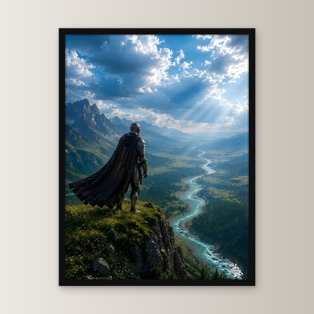 Ritter auf der Klippe über dem Flusstal, Mittelalter Fantasy Wandbild gerahmt im schwarzen Holzrahmen, gerade von vorn an heller Wand