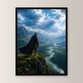 Ritter auf der Klippe über dem Flusstal, Mittelalter Fantasy Wandbild gerahmt im schwarzen Holzrahmen, gerade von vorn an heller Wand