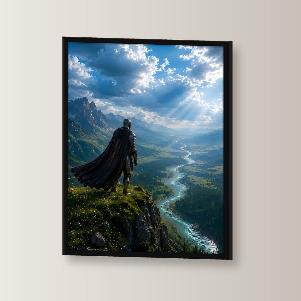Ritter auf der Klippe über dem Flusstal, Mittelalter Fantasy Wandbild gerahmt im schwarzen Holzrahmen, leicht gedreht an der Wand fotografiert