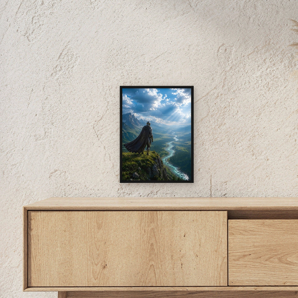 Ritter auf der Klippe über dem Flusstal, Mittelalter Fantasy Wandbild gerahmt im schwarzen Holzrahmen ueber einem Sideboard, zeigt die Groesse im Raum