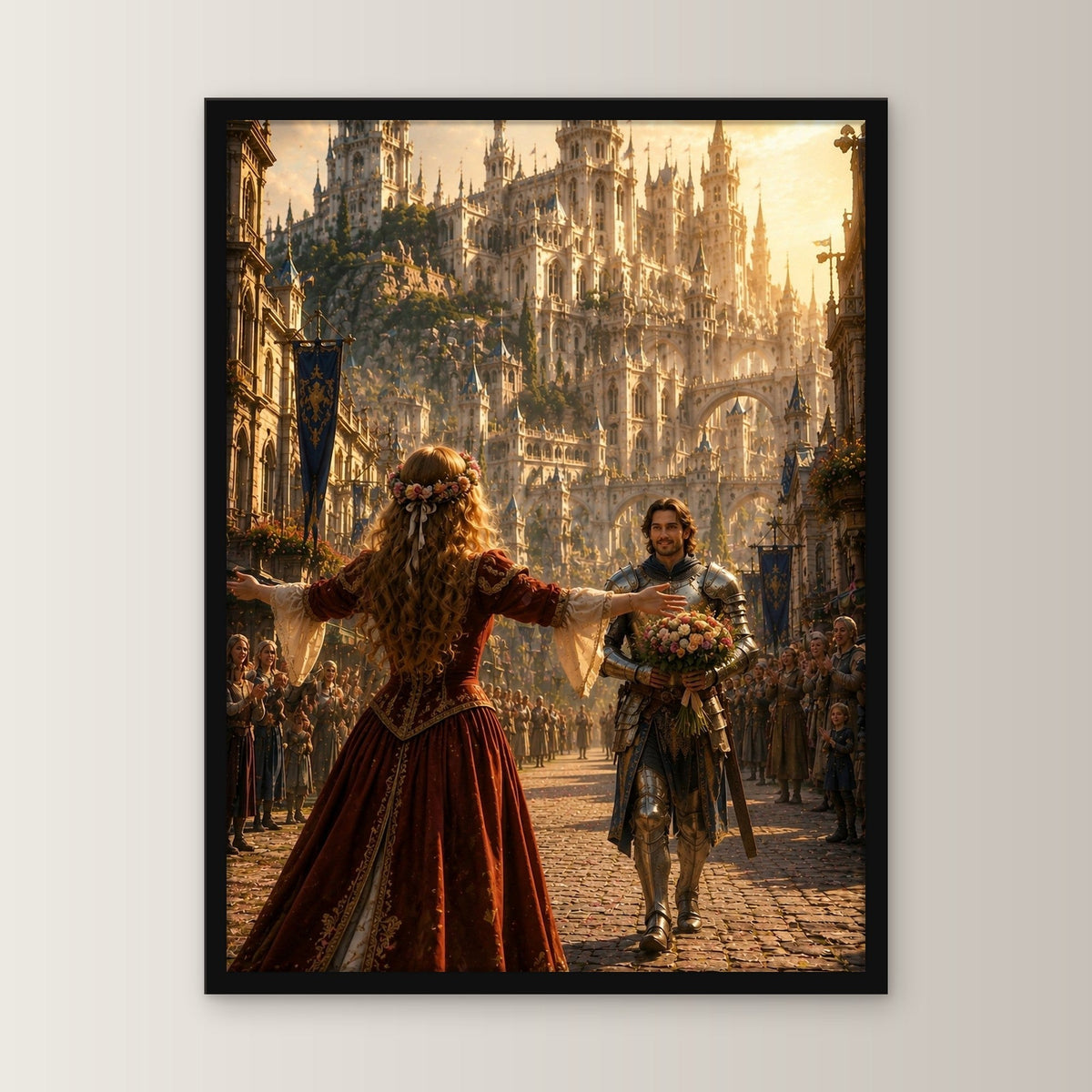 Dark-Fantasy Poster gerahmt im schwarzen Holzrahmen, gerade von vorn an heller Wand