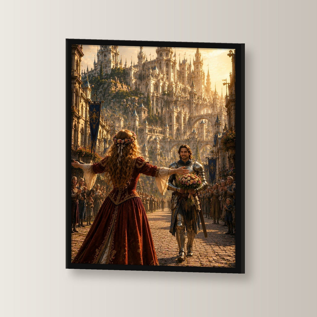 Dark-Fantasy Poster gerahmt im schwarzen Holzrahmen, leicht gedreht an der Wand fotografiert