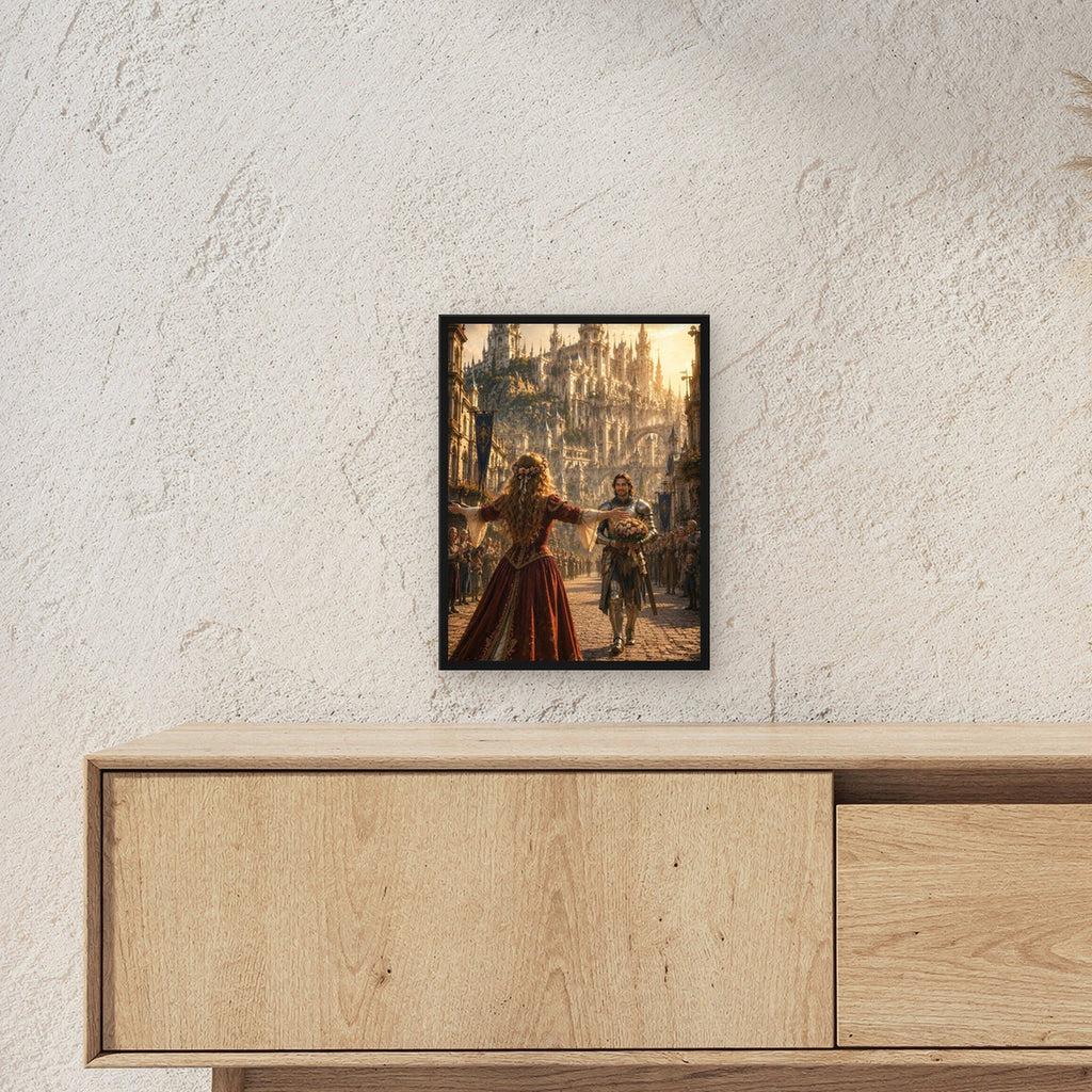 Dark-Fantasy Poster gerahmt im schwarzen Holzrahmen ueber einem Sideboard, zeigt die Groesse im Raum
