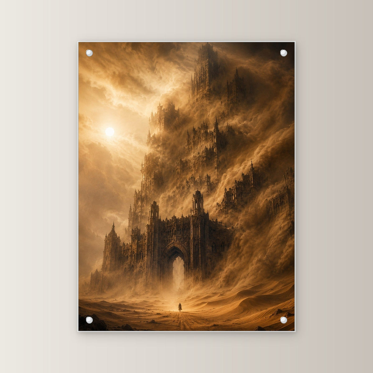 Dark-Fantasy Acrylglasbild auf Acrylglas mit Edelstahl-Abstandshaltern, gerade von vorn an heller Wand