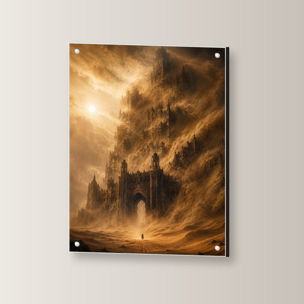 Dark-Fantasy Acrylglasbild auf Acrylglas mit Edelstahl-Abstandshaltern, leicht gedreht an der Wand fotografiert