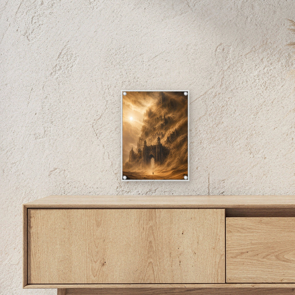 Dark-Fantasy Acrylglasbild auf Acrylglas mit Edelstahl-Abstandshaltern ueber einem Sideboard, zeigt die Groesse im Raum