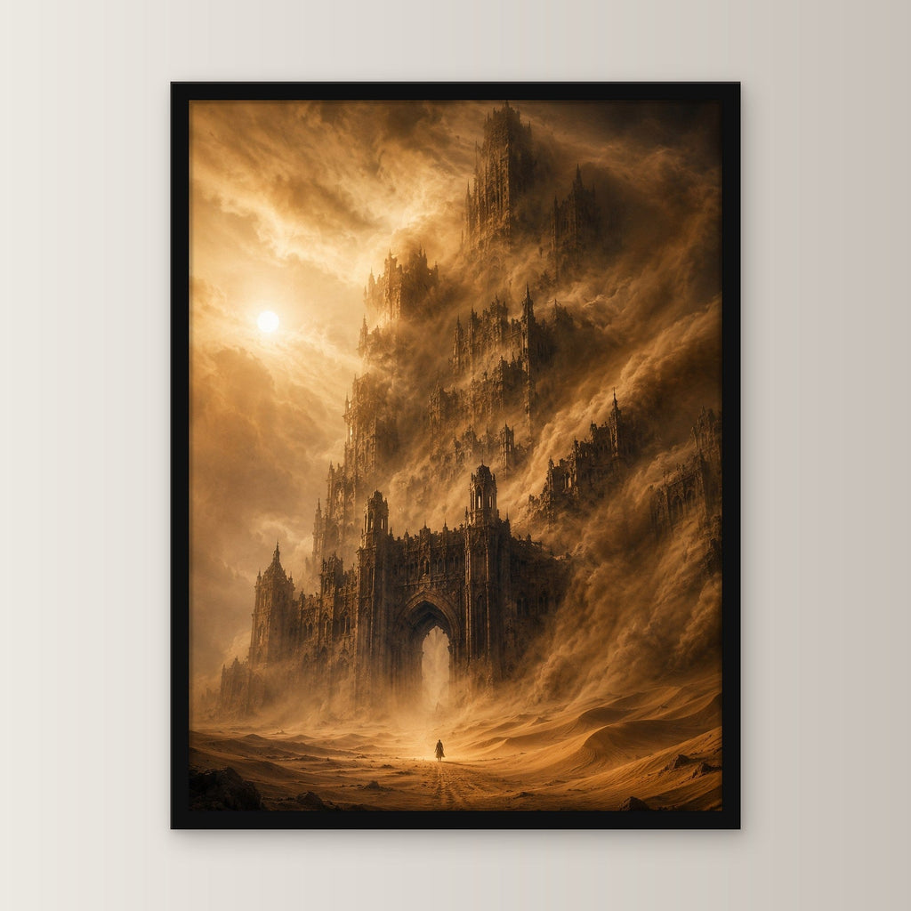 Dark-Fantasy Poster gerahmt im schwarzen Holzrahmen, gerade von vorn an heller Wand
