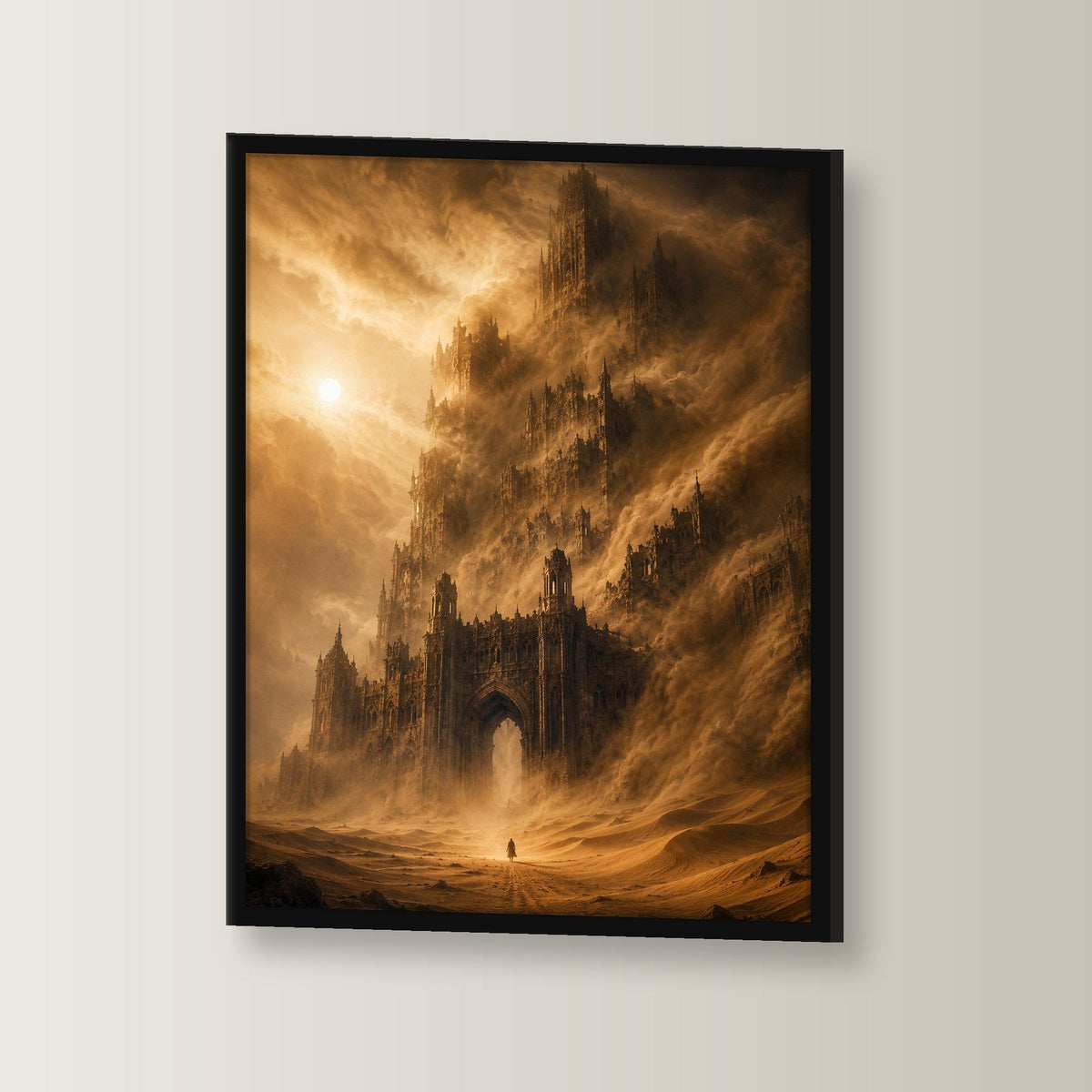 Dark-Fantasy Poster gerahmt im schwarzen Holzrahmen, leicht gedreht an der Wand fotografiert