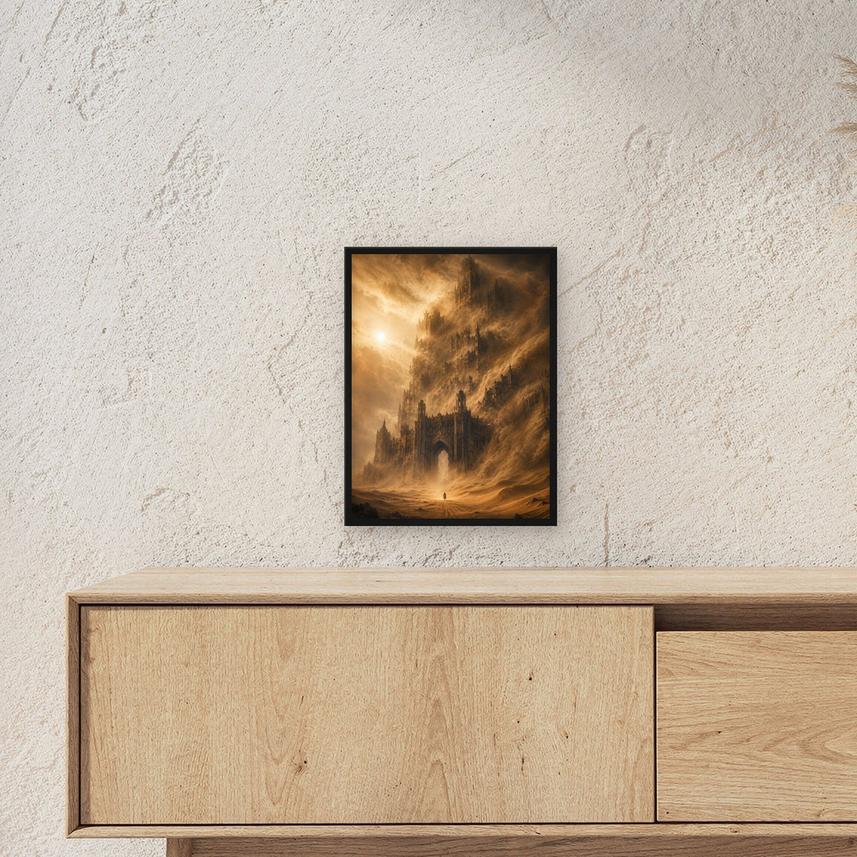 Dark-Fantasy Poster gerahmt im schwarzen Holzrahmen ueber einem Sideboard, zeigt die Groesse im Raum