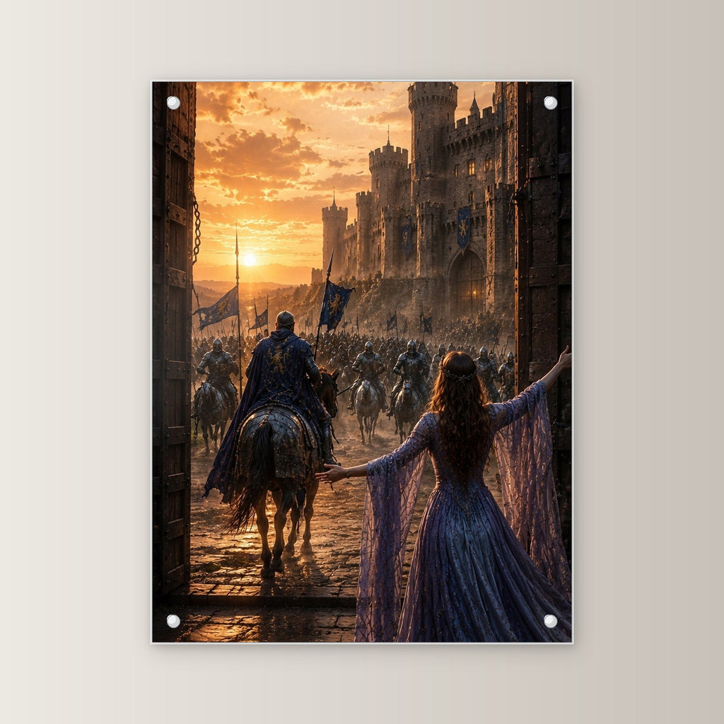 Dark-Fantasy Acrylglasbild auf Acrylglas mit Edelstahl-Abstandshaltern, gerade von vorn an heller Wand