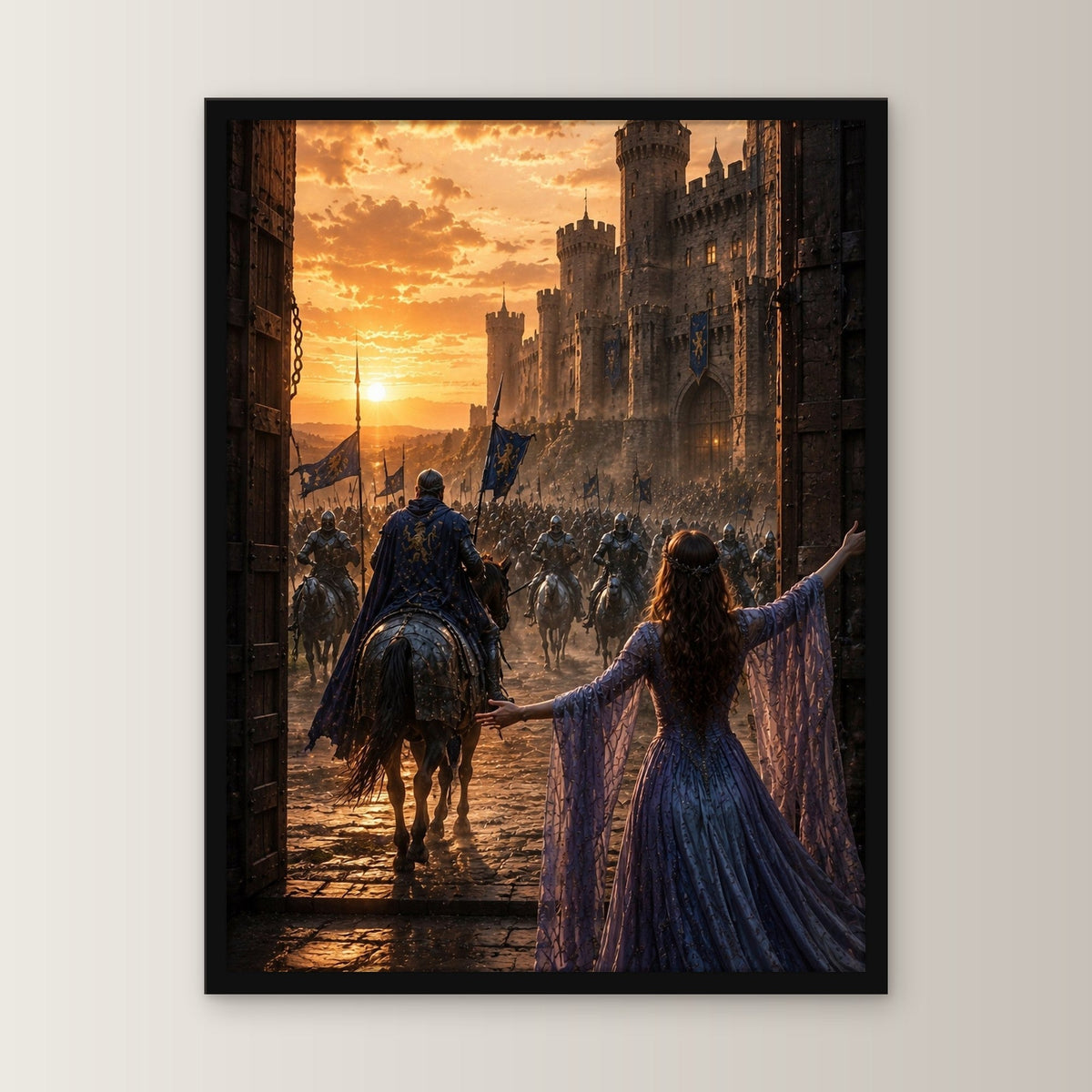 Dark-Fantasy Poster gerahmt im schwarzen Holzrahmen, gerade von vorn an heller Wand