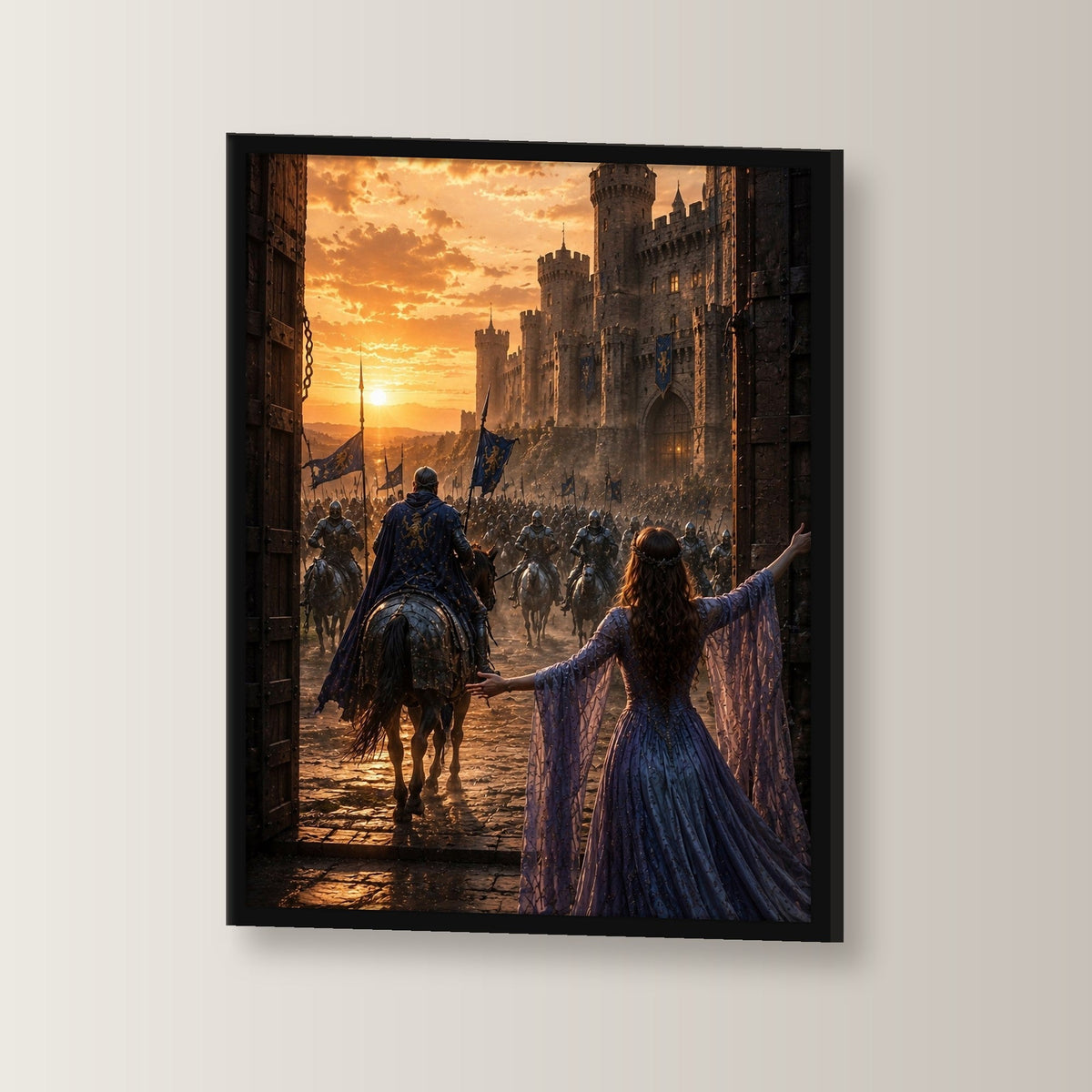 Dark-Fantasy Poster gerahmt im schwarzen Holzrahmen, leicht gedreht an der Wand fotografiert