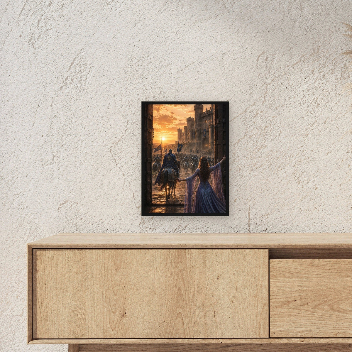 Dark-Fantasy Poster gerahmt im schwarzen Holzrahmen ueber einem Sideboard, zeigt die Groesse im Raum