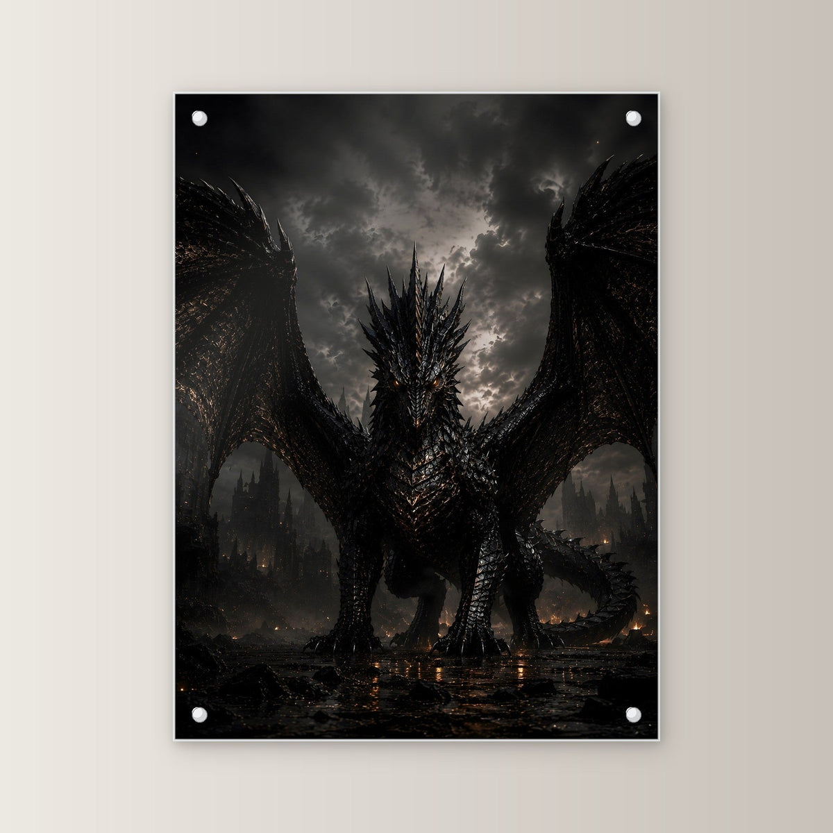 Schwarzer Drache, Dark Fantasy Acrylglasbild auf Acrylglas mit Edelstahl-Abstandshaltern, gerade von vorn an heller Wand
