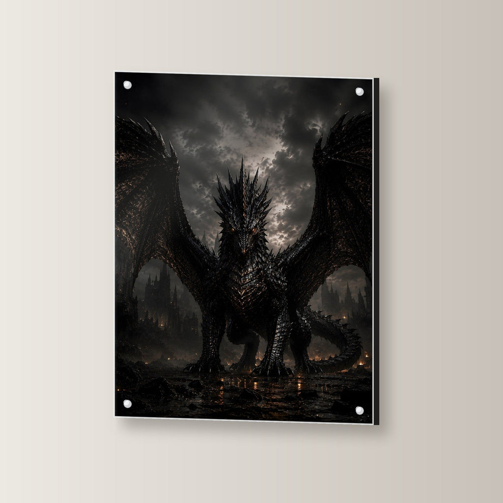 Schwarzer Drache, Dark Fantasy Acrylglasbild auf Acrylglas mit Edelstahl-Abstandshaltern, leicht gedreht an der Wand fotografiert