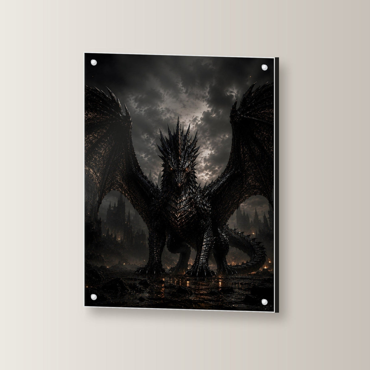 Schwarzer Drache, Dark Fantasy Acrylglasbild auf Acrylglas mit Edelstahl-Abstandshaltern, leicht gedreht an der Wand fotografiert