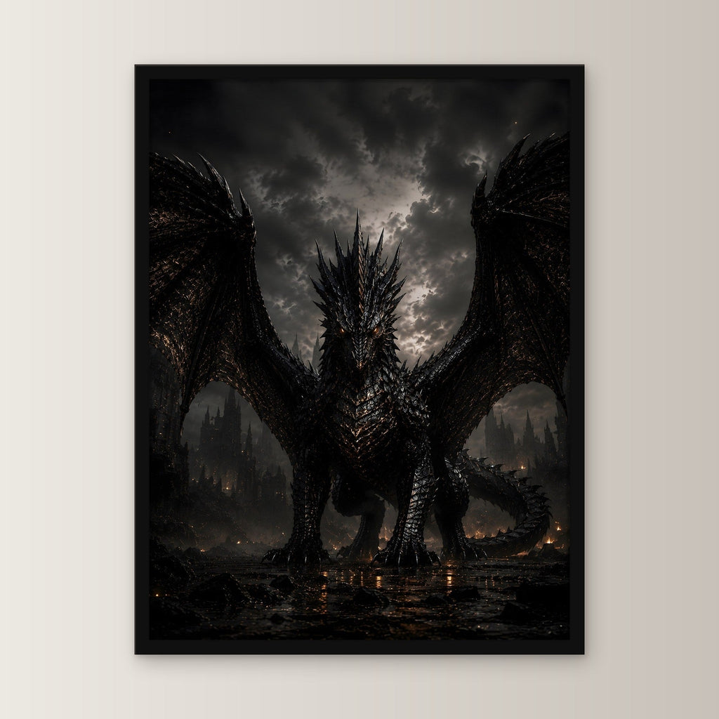 Schwarzer Drache, Dark Fantasy Poster gerahmt im schwarzen Holzrahmen, gerade von vorn an heller Wand