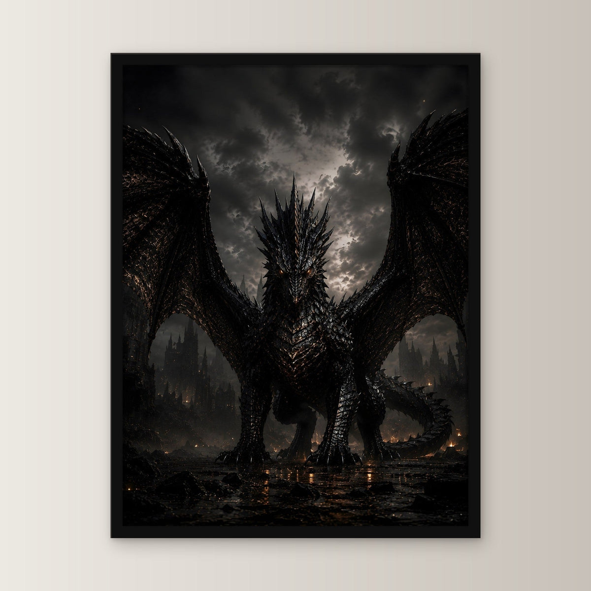 Schwarzer Drache, Dark Fantasy Poster gerahmt im schwarzen Holzrahmen, gerade von vorn an heller Wand