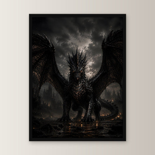 Schwarzer Drache, Dark Fantasy Poster gerahmt im schwarzen Holzrahmen, gerade von vorn an heller Wand