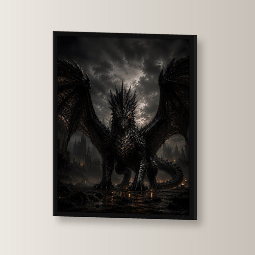 Schwarzer Drache, Dark Fantasy Poster gerahmt im schwarzen Holzrahmen, leicht gedreht an der Wand fotografiert
