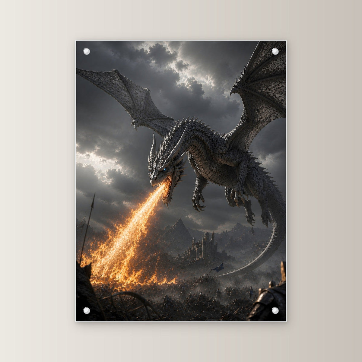 Grauer Drache über brennendem Tal, Dark Fantasy Acrylglasbild auf Acrylglas mit Edelstahl-Abstandshaltern, gerade von vorn an heller Wand