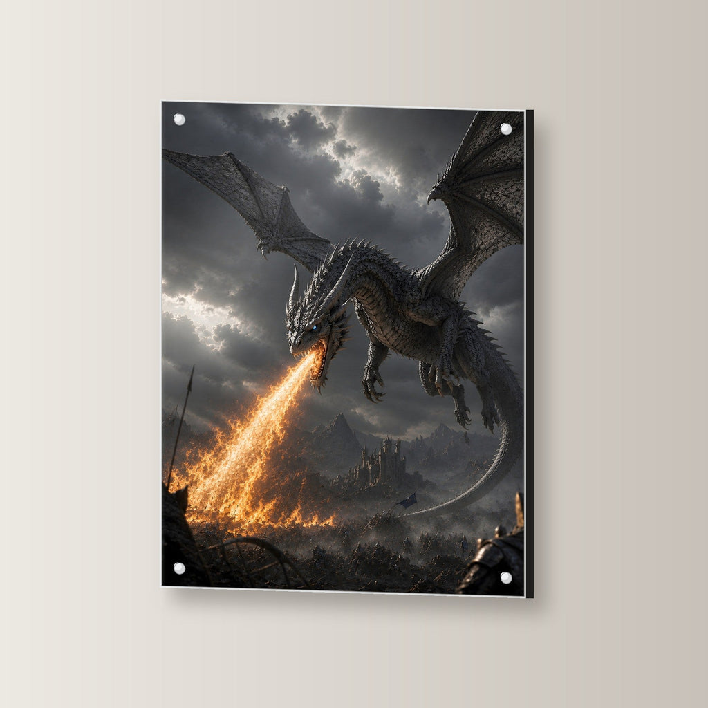 Grauer Drache über brennendem Tal, Dark Fantasy Acrylglasbild auf Acrylglas mit Edelstahl-Abstandshaltern, leicht gedreht an der Wand fotografiert