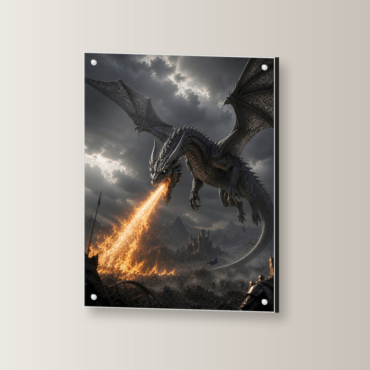 Grauer Drache über brennendem Tal, Dark Fantasy Acrylglasbild auf Acrylglas mit Edelstahl-Abstandshaltern, leicht gedreht an der Wand fotografiert