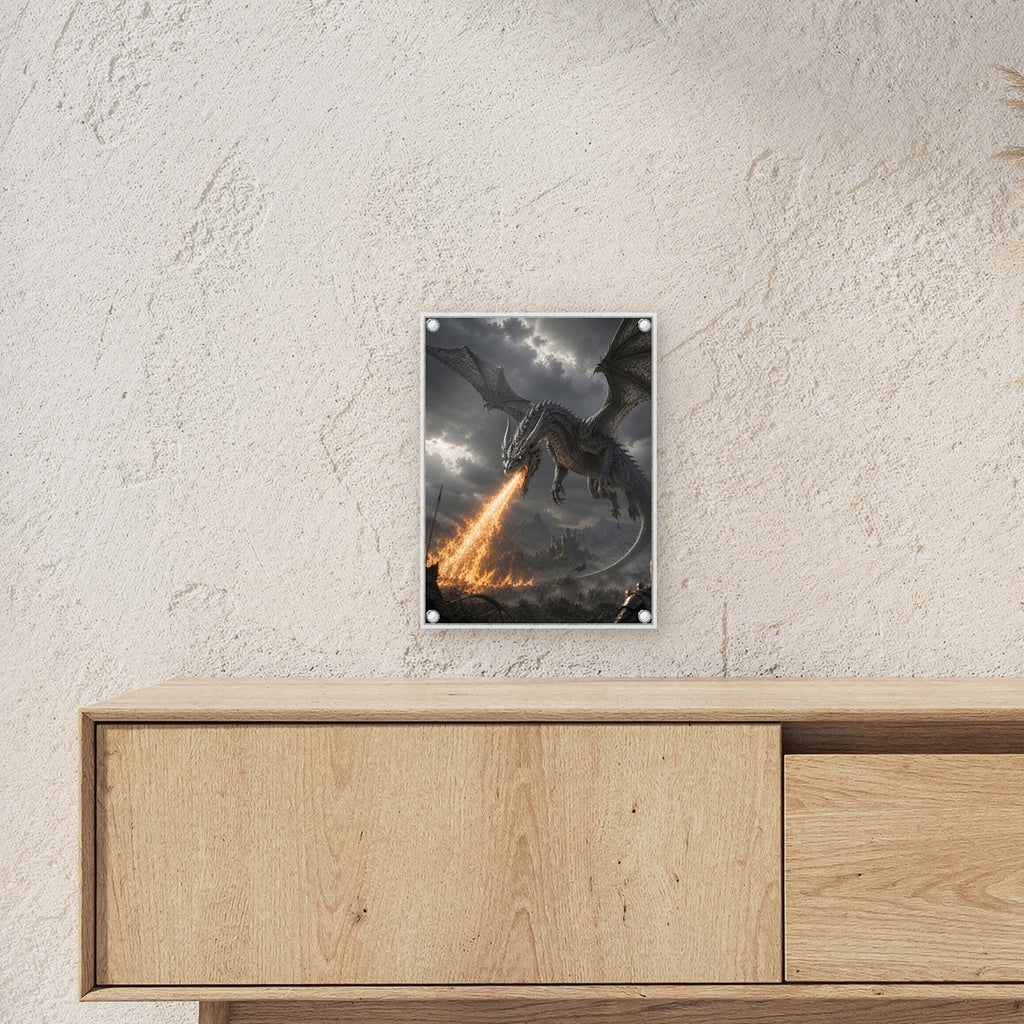 Grauer Drache über brennendem Tal, Dark Fantasy Acrylglasbild auf Acrylglas mit Edelstahl-Abstandshaltern ueber einem Sideboard, zeigt die Groesse im Raum