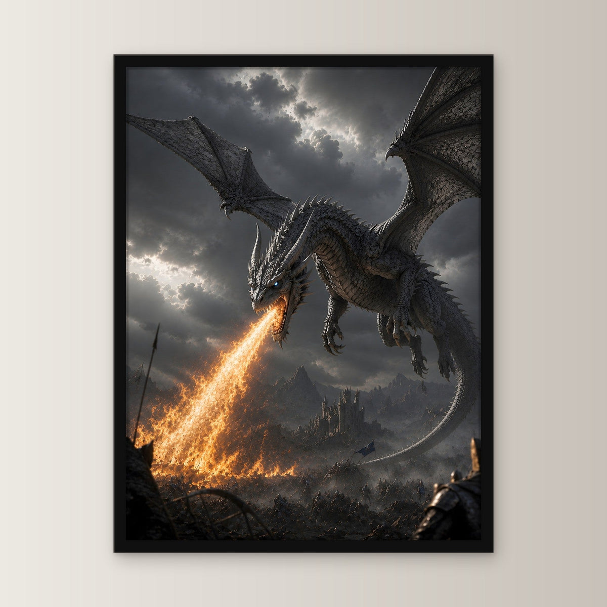 Grauer Drache über brennendem Tal, Fantasy Wandbild gerahmt im schwarzen Holzrahmen, gerade von vorn an heller Wand
