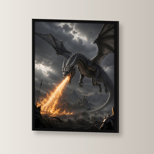 Grauer Drache über brennendem Tal, Fantasy Wandbild gerahmt im schwarzen Holzrahmen, leicht gedreht an der Wand fotografiert