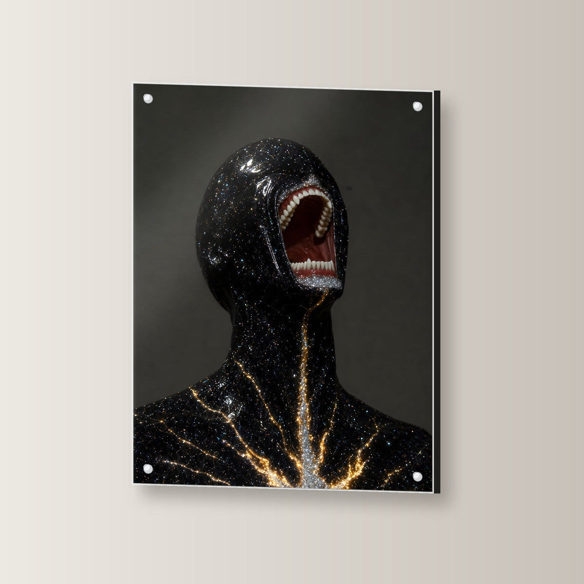Kosmos Acrylglasbild auf Acrylglas mit Edelstahl-Abstandshaltern, leicht gedreht an der Wand fotografiert