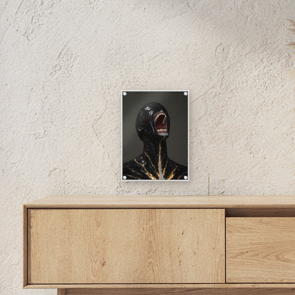 Kosmos Acrylglasbild auf Acrylglas mit Edelstahl-Abstandshaltern ueber einem Sideboard, zeigt die Groesse im Raum