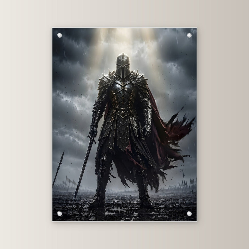 Ritter im Lichtstrahl über dem Schlachtfeld, Mittelalter Fantasy Acrylglasbild auf Acrylglas mit Edelstahl-Abstandshaltern, gerade von vorn an heller Wand