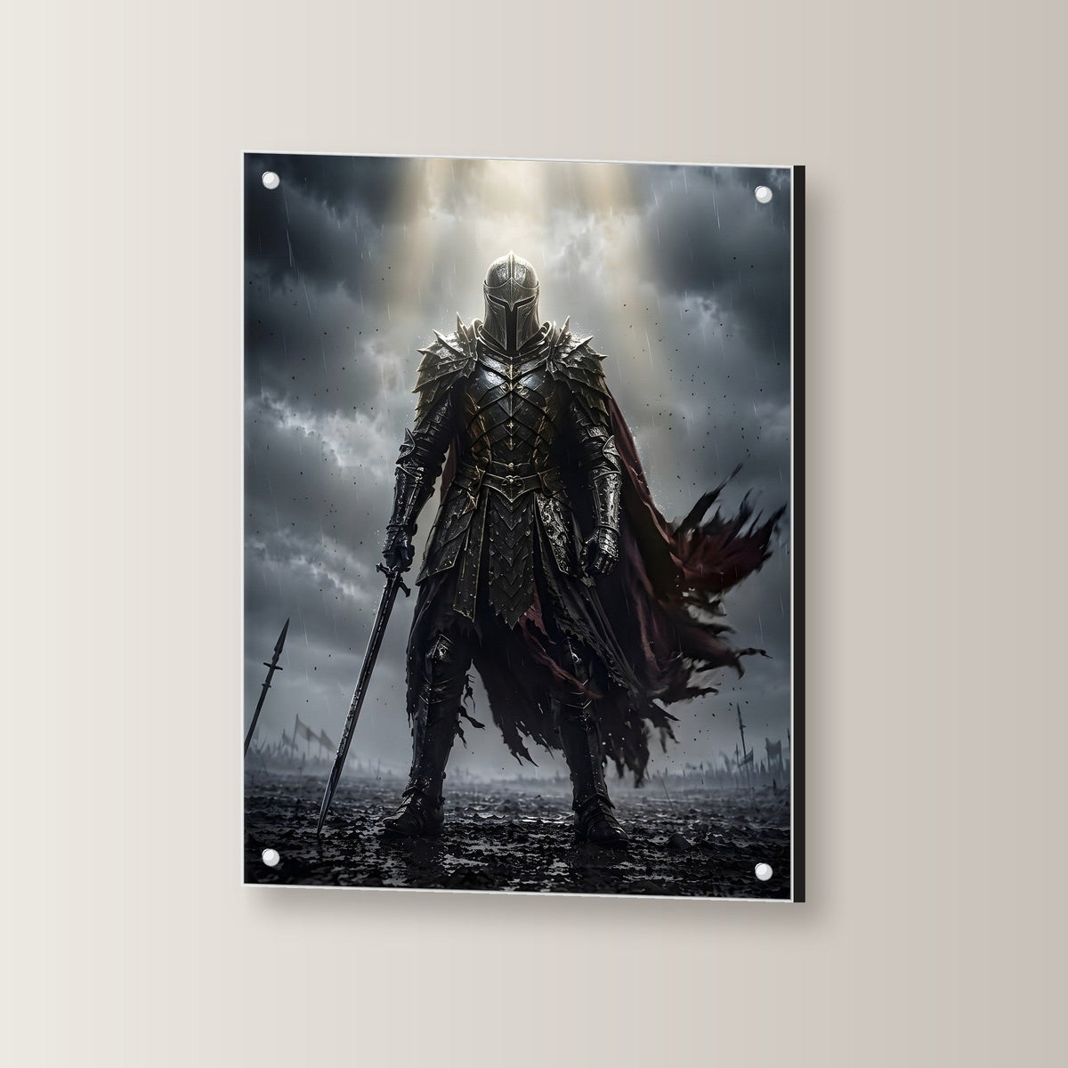 Ritter im Lichtstrahl über dem Schlachtfeld, Mittelalter Fantasy Acrylglasbild auf Acrylglas mit Edelstahl-Abstandshaltern, leicht gedreht an der Wand fotografiert