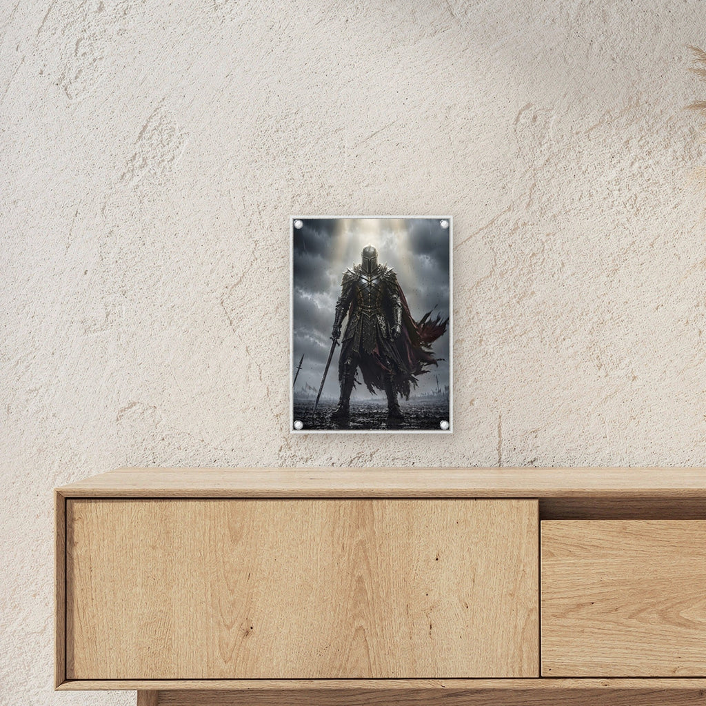 Ritter im Lichtstrahl über dem Schlachtfeld, Mittelalter Fantasy Acrylglasbild auf Acrylglas mit Edelstahl-Abstandshaltern ueber einem Sideboard, zeigt die Groesse im Raum