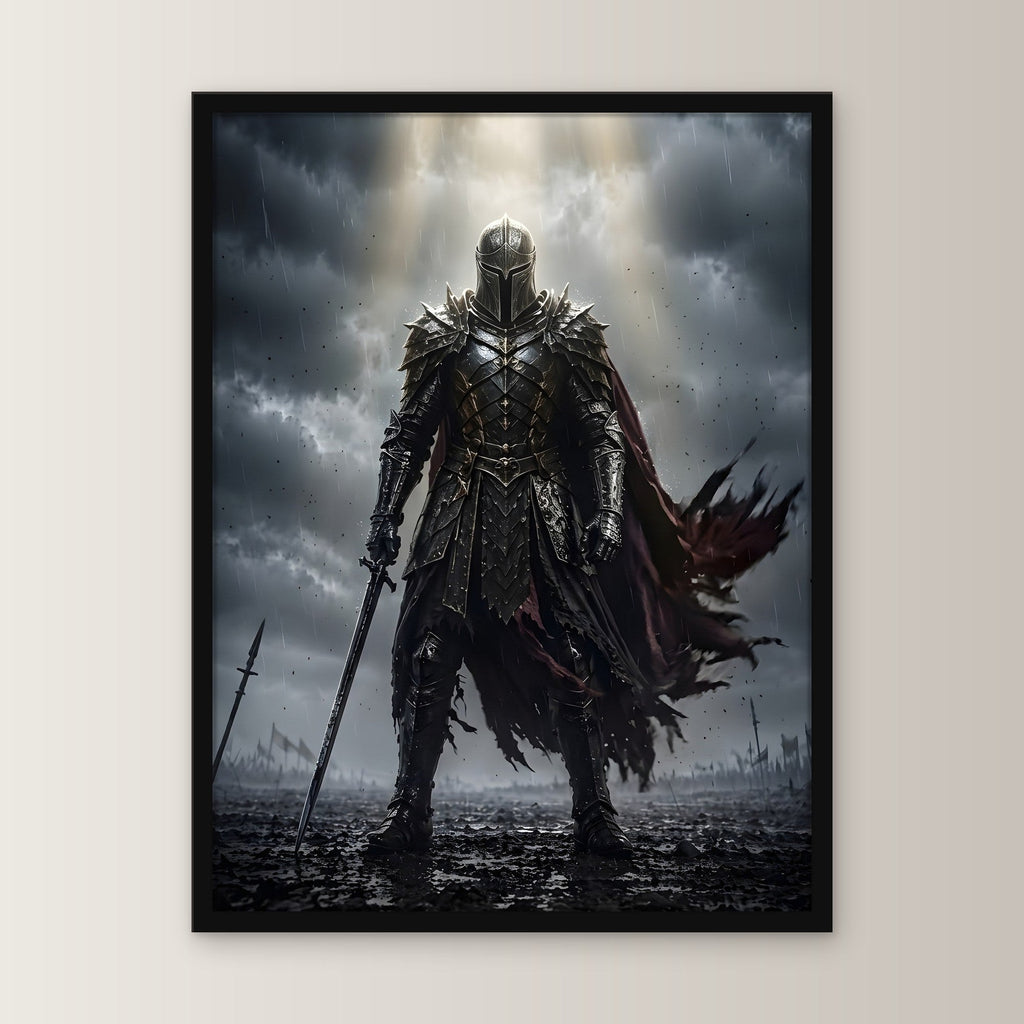 Ritter im Lichtstrahl über dem Schlachtfeld, Mittelalter Fantasy Wandbild gerahmt im schwarzen Holzrahmen, gerade von vorn an heller Wand